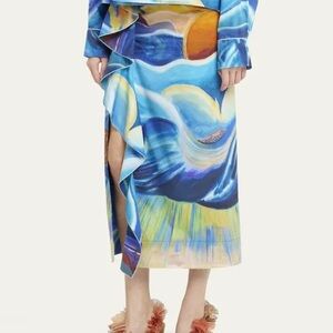 NWT Ulla Johnson 4 Nora Skirt Tuck Shara Hughes Ruffle Slit Abstract Art To Wear